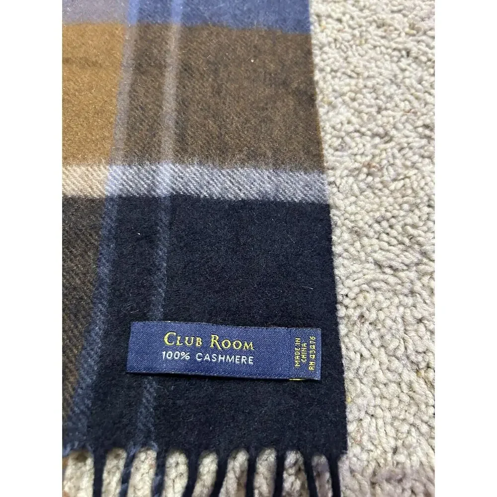 Men's ClubRoom 67” SCARF 100% Cashmere PLAID Black Brown Blue Gray FRINGE K24